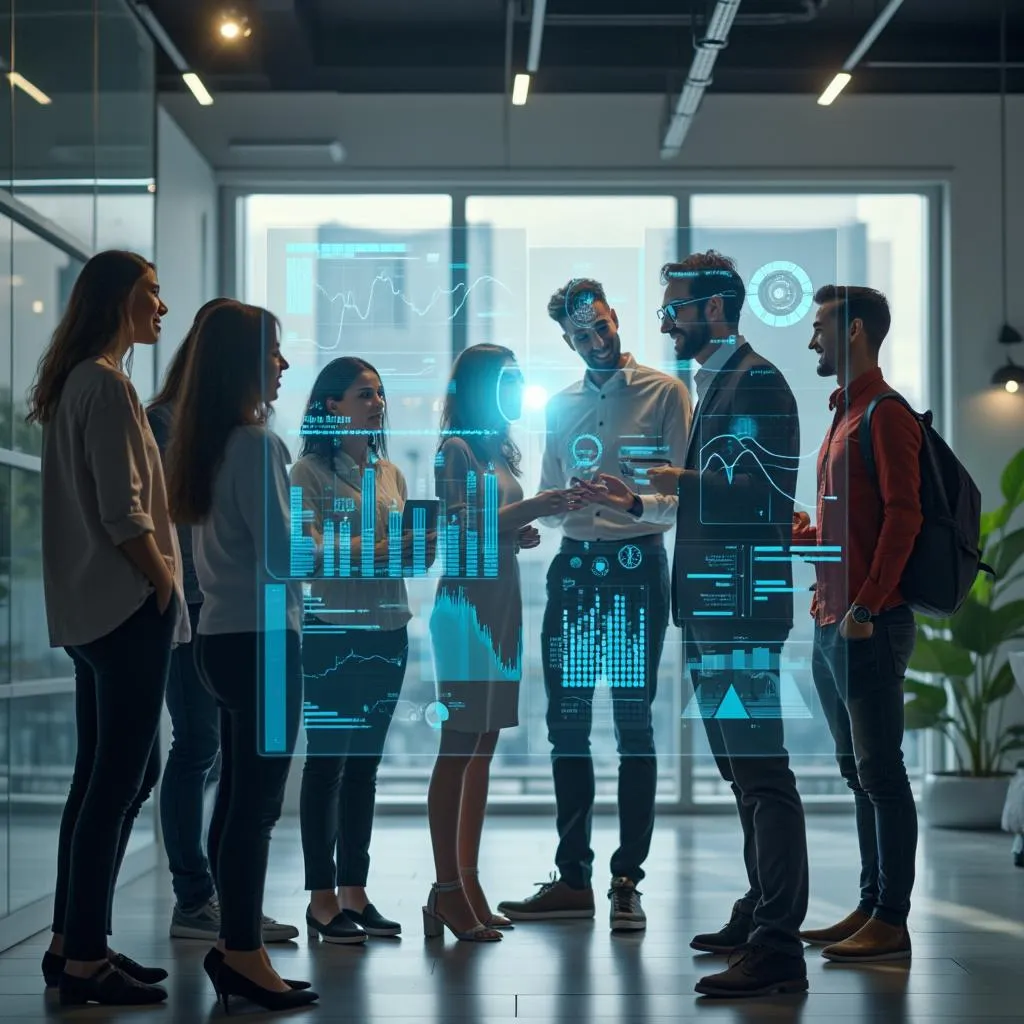 Equipo diverso discutiendo estrategias en una oficina moderna y luminosa